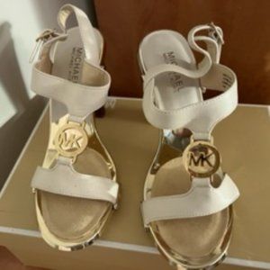 Michael Kors Vanilla and Gold Fulton Leather Sandal Heels